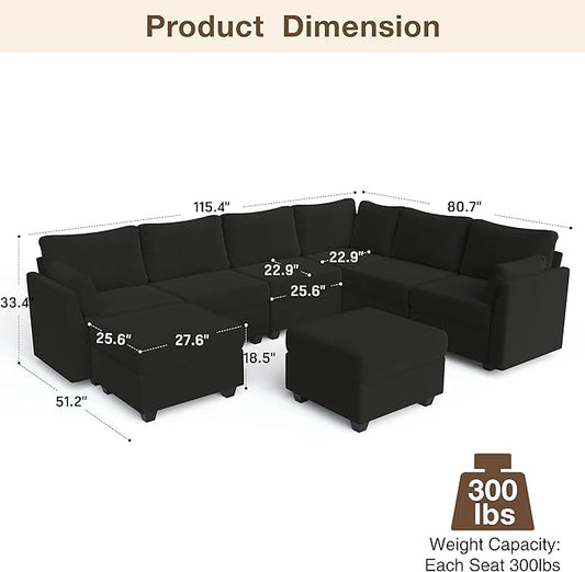 Modular Sectional Sofa Couches, Large Convertible Modular Couches with Storage, 8-Seater Sectional Sofa for Living Room, U Shaped Sectional Couch Sleeper Sofa with Chaise (Black, 8 Seats)