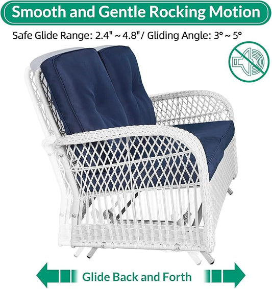 VIVIJASON 4-Piece Outdoor Patio White Wicker Conversation Sets, All Weather Rattan Furniture Set Includes Glider Loveseat, Coffee Table, 2 Glider Rocker Chairs w/Cushion for Lawn Balcony, Navy Blue