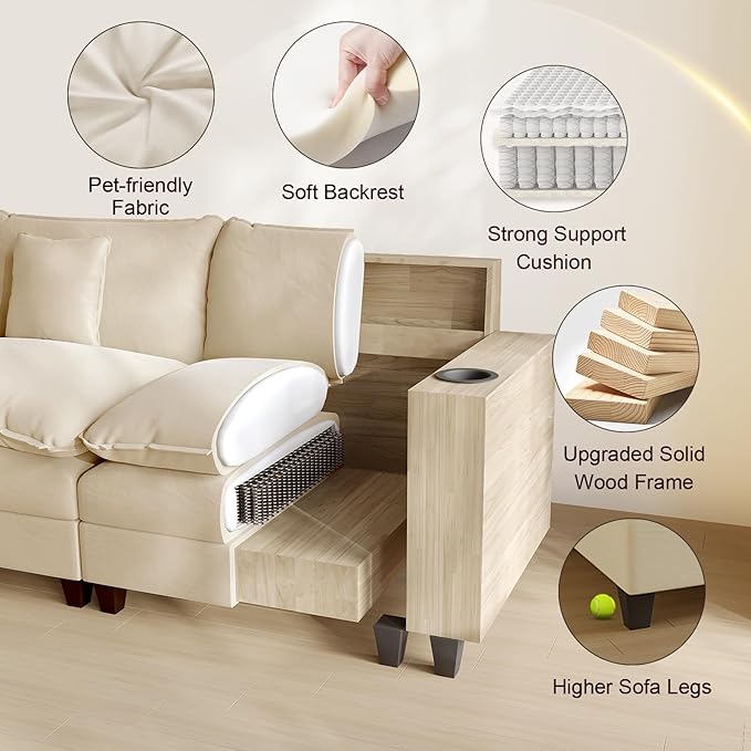 Cloud Couch, Modular Sectional Sofa with Ottoman, Charging Station, Throw Pillows, Cup Holders, Modern Convertible L Shaped Couches for Living Room, Bedroom (White, 116"- L Shape)