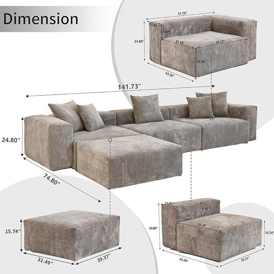 WJShome Cloud Couch Modular Sectional Sofa,141.73inch L Shaped Couch,Oversized Corduroy Couches with Ottoman and Pillows, Brown4 Seaters Cushion Covers Removable& Washable