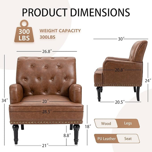 MOJAY Faux Leather Accent Chair, Mid-Century Armchair Living Room Sofa Chair with Rubber Wood Leg, Club Chair with Rivet Trim for Bedroom Reading Room Reception (Brown)