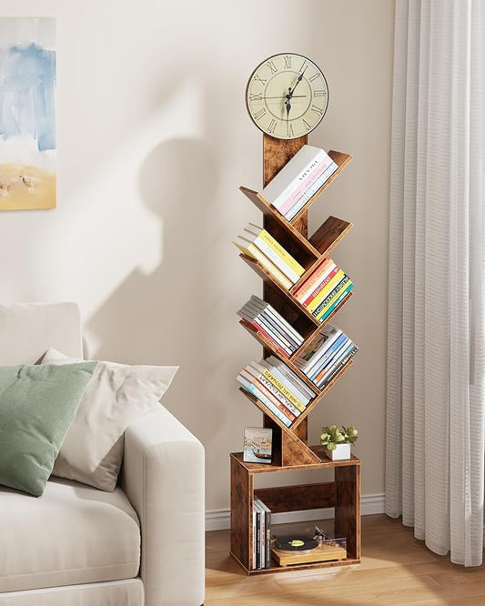 7 Tier Tree Bookshelf with Clock and Storage Cabinet, Small Narrow Floor Standing Bookcase for Bedroom, Living Room, Home Office, Dark Brown