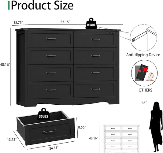 Dresser for Bedroom with 8 Drawers, 54" Wide Wood Chest of Drawers with Deep Drawers & Mental Handle, Modern Dresser TV Stand, Wooden Closet Storage Organizer for Living Room, Hallway, Entryway, Black