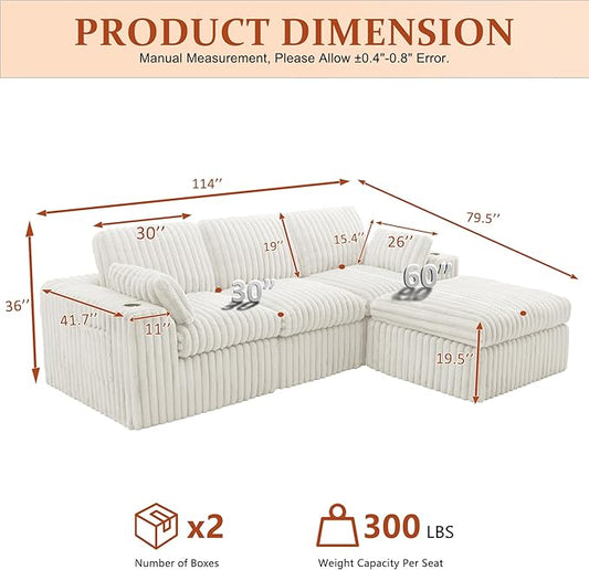 114" Cloud Boneless Sectional Couches for Living Room, Modular Sectional Sofa with Cup Holder, Cozy Fluffy L Shaped Deep Seat Boneless Couch with Storage Pocket, No Assembly Required, White