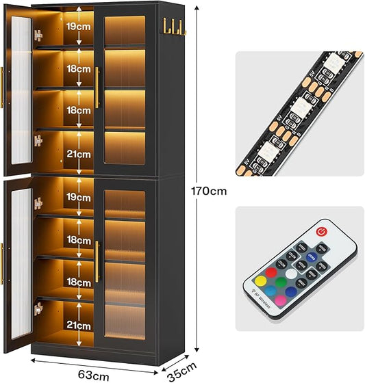 Tribesigns Tall Shoe Storage Cabinet with Acrylic Doors and LED Lights, 8-Tier Shoe Organizer Rack with Adjustable Shelves & Hanging Hooks for Narrow Closet, Hallway, Living Room, Black (Set of 2)
