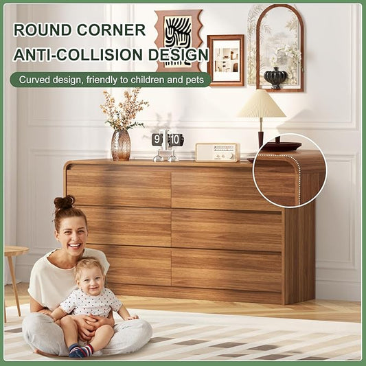 47 Inch Dresser For Bedroom 6 Drawer Wood Chest of Drawers - Curved Anti Collision, Mid Century Dresser For Closet with Natural Texture & Pre-Embedded Slots for TV Stand, Living Room, Nursery
