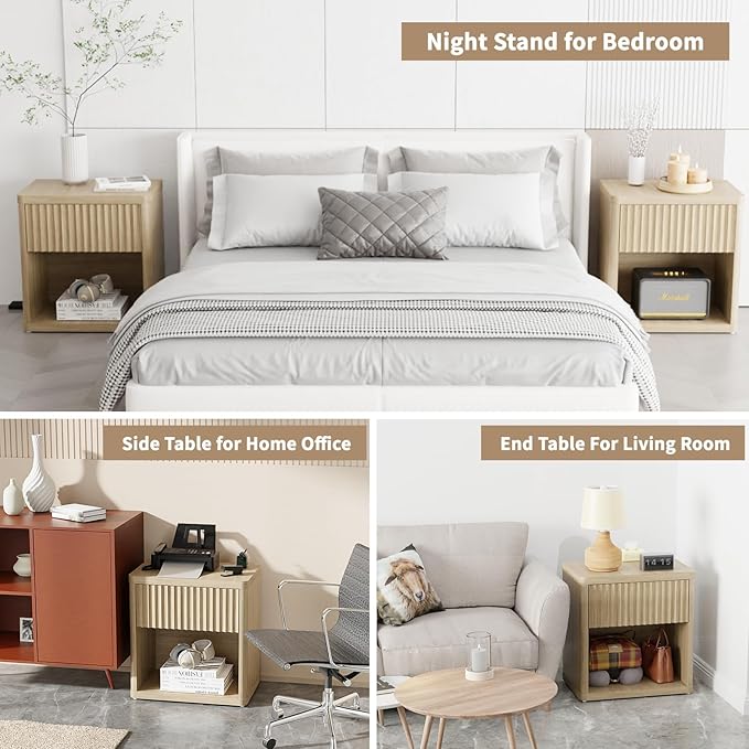 22.8" Fluted Nightstands Set of 2, Large Modern Nightstand with Drawer and Storage Shelf, Oak Finish & Cream, Mid Century Night Stands for Bedroom Living Room Sofa Couch Office, Natural Color