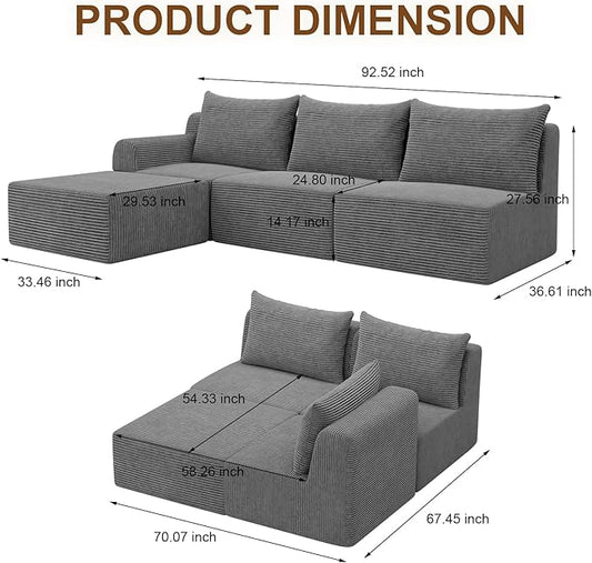 JSLOVE Modular L-Shape Sectional Sofa with Chaise, 3 Seat Movable Boneless Cloud Couch in One Box, Sofa Couch Bed with Ultra-Soft Corduroy Fabric, No Assembly Required for Living Room, Bedroom(Grey)