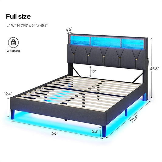 LED Full Bed Frame with Charging Station, Full Size Bed Frame with Storage Headboard, Modern Upholstered Platform Bed with Shelf Headboard, Noise-Free, Dark Grey