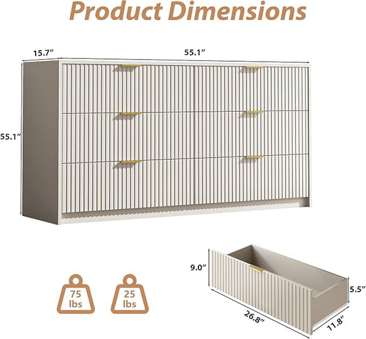 6 Drawer Dresser for Bedroom, 55" Wide Modern Chest of Drawers with Gold Metal Handles, Fluted Wood TV Stand for Living Room, Hallway(Beige)