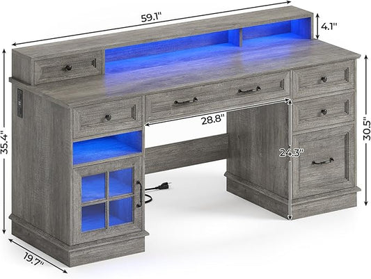 BTHFST Farmhouse Executive Desk with File Drawer, Computer Desk with Charging Station & LED Lights, Home Office Desk with Drawers & Storage Cabinet, Executive Office Desk with Monitor Stand, Grey