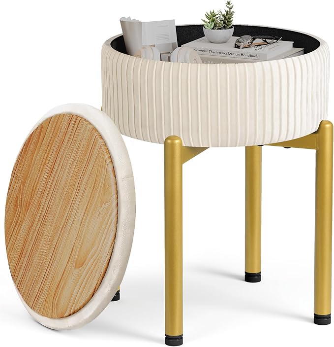 18-Inch Velvet Vanity Stool Chair with Storage, Vanity Bench with 4 Golden Metal Legs & Anti-Slip Adjustable Feet,Round Storage Ottoman Stool with Removable Soft Padded Seat, Beige