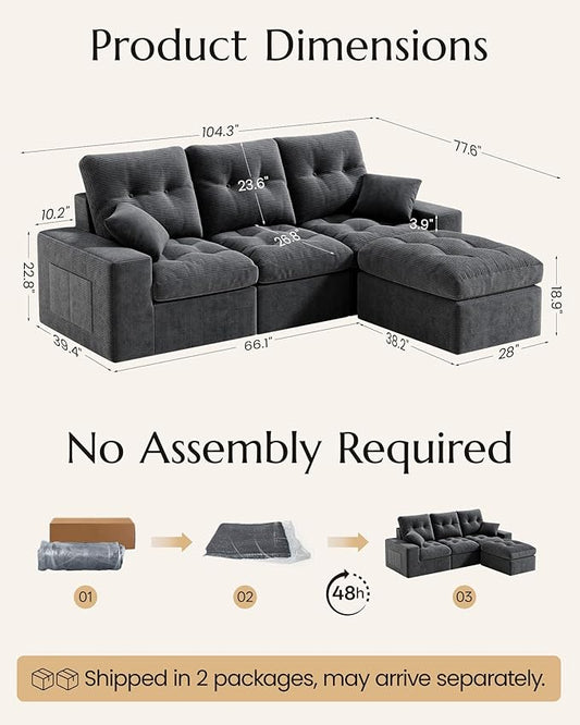 High Back Boneless Couch, L-Shaped Cloud Couch with Versatile 2-Pack Pillow Blankets, Corduroy Modular Sectional Sofa with Ottoman, No Assemble Sectional Couches for Living Room, Dark Grey