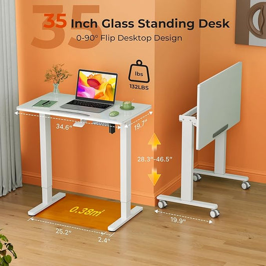 35inch Glass Standing Desk,90° Tiltable Mobile Rising Desk Height Adjustable,Whole Piece Rolling Sit Stand Table with Wheels,Foldable Small Laptop Desk,White
