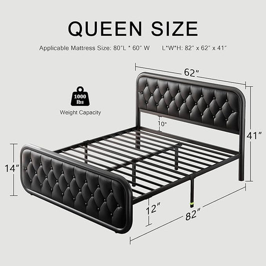 Einhomn® Queen Size Metal Bed Frame with Button Tufted Leather Upholstered Headboard and Footboard, U-Shape Support Foundation, No Box Spring Required, Black