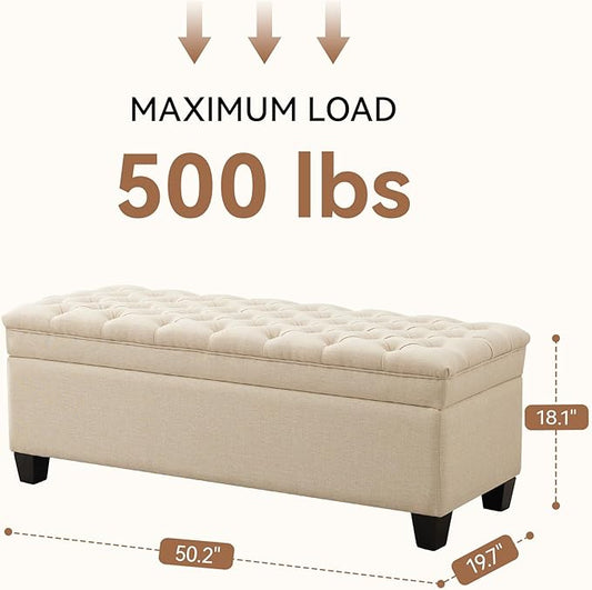 50" Storage Ottoman Bench, Rectangular End of Bed Storage Bench, Upholstered Large Fabric Tufted Ottoman with Storage for Living Room, Bedroom, Entryway,Khaki