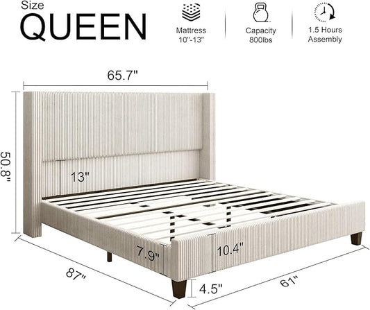 HOWE Queen Size Upholstered Platform Bed Frame, Wingback Bed with 50.8" Headboard, Corduroy/Solid Wood Leg/No Box Spring Needed/Noise Free/Cream
