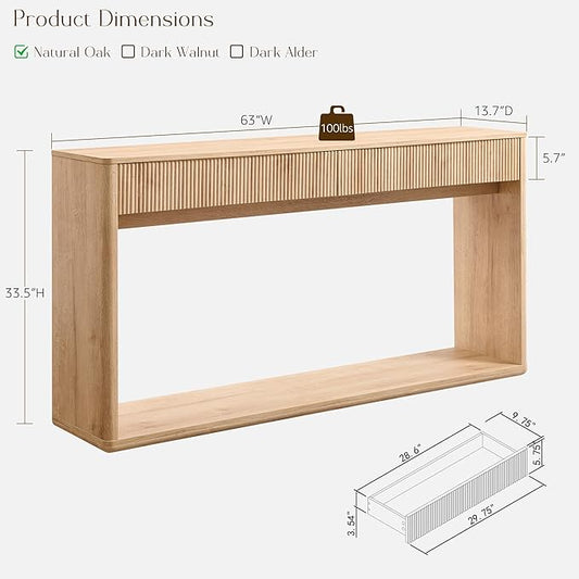 OKD 63" Fluted Console Table for Entryway, Modern Entryway Table with 2 Large Drawers, Long Sofa Table Behind Couch for Living Room, Hallway, Couch, Foyer,Natural Oak