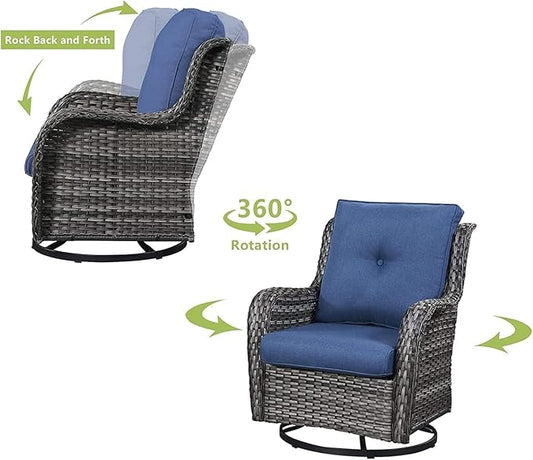 HUMMUH 3-Piece Swivel Rocking Rattan Chair Outdoor, Patio Bistro Furniture Conversation Set,Cushioned Wicker Chair with Glass Coffee Table(Grey, Blue)