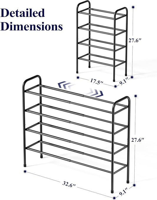 Kitsure Extendable Shoe Rack - 2-Tier Adjustable Metal Shoe Organizer, Sturdy Rust-Resistant Shoe Shelf for Entryway, Closet, or Bedroom, 17.5"–32.6" x 9.1" x 27.6", Black
