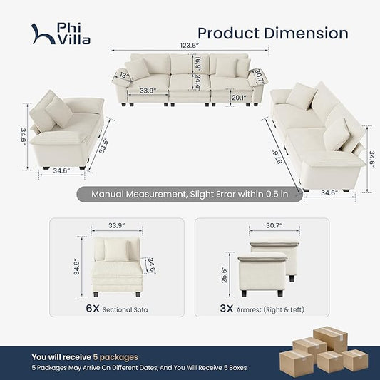 PHI VILLA Cloud Modular Couches Sets, 3 Pieces Sectional Sofa Set with Loveseats, 6-Seater Upholstered Couch for Living Room Small Spaces, Chenille Corduroy Dual Fabric, Beige