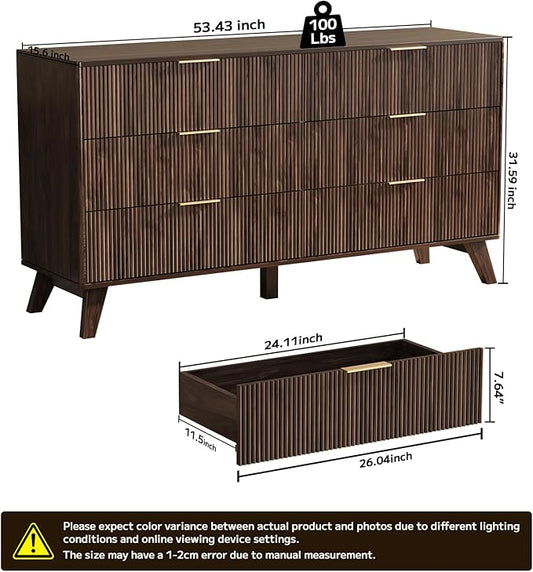 6 Drawer Dresser, 53.43 Inch Fluted Wood Double Dresser Curved Design Wide Storage Organizer Cabinet Mid Century Modern Chest Dressers for Bedroom Living Room Entryway(Walnut)