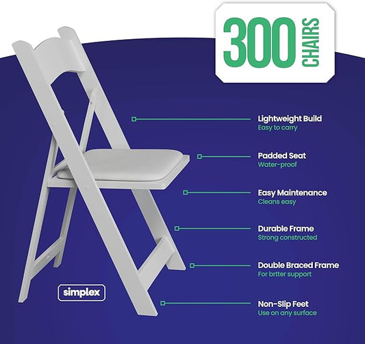 SIMPLEX 300 White Folding Chairs – Resin Stackable Foldable Chairs with Padded Seats – Comfortable White Folding Chairs for Indoor/Outdoor Events – Lightweight Resin Chairs (300 Pack)