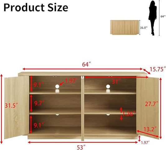 LKTART 64" Buffet Cabinet with Storage, Modern Fluted Accent Sideboard Media Console Credenza with Adjustable Shelves Pressed Spring for Kitchen Living Room,31.5" H (Natural Oak)