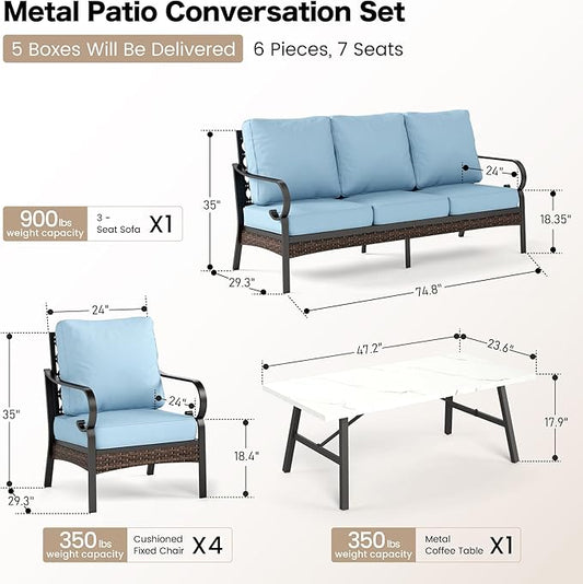 6 Piece Metal Outdoor Patio Furniture Sets, Patio Conversation Sets 1 3-Seater Sofa, 4 Single Sofa with 5.75" Extra Thick Cushion & Coffee Table, Black Frame Backyard Furniture, Blue