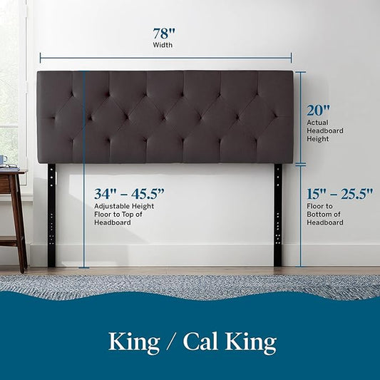 Lucid Mid-Rise Upholstered Headboard - Diamond Tufted - Padded Polyester - Adjustable Height from 34” to 46” - Easy Assembly - Bed Frame or Wall Mount - Sturdy - Charcoal - King / Cal King Size