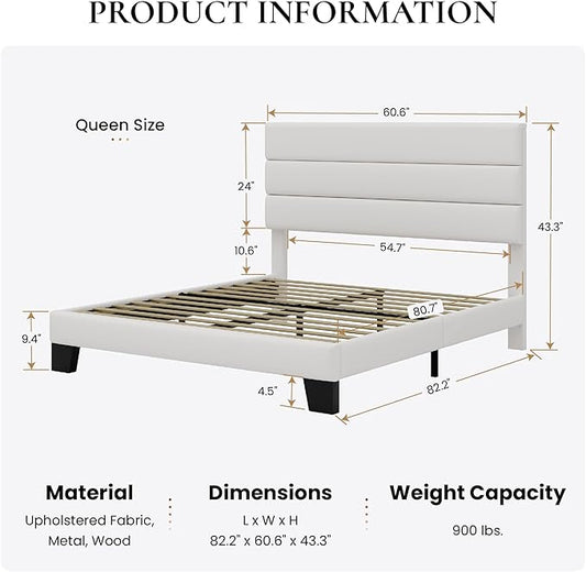 SHA CERLIN Queen Platform Bed Frame with Velvet Upholstered Headboard, Mattress Foundation with Strong Wooden Slats Support, No Box Spring Needed, White