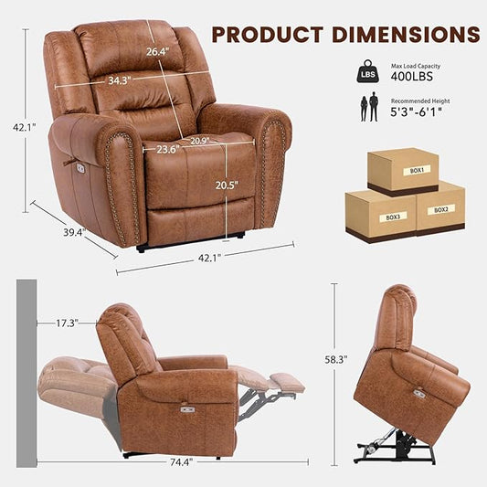 EONIX Classical Large Power Lift Recliner Chair for Elderly with Heat and Massage, Dual Motor Lay Flat Electric Lift Chair Recliner for Adults, Living Room, Bedroom, SLRY005061, Nut Brown