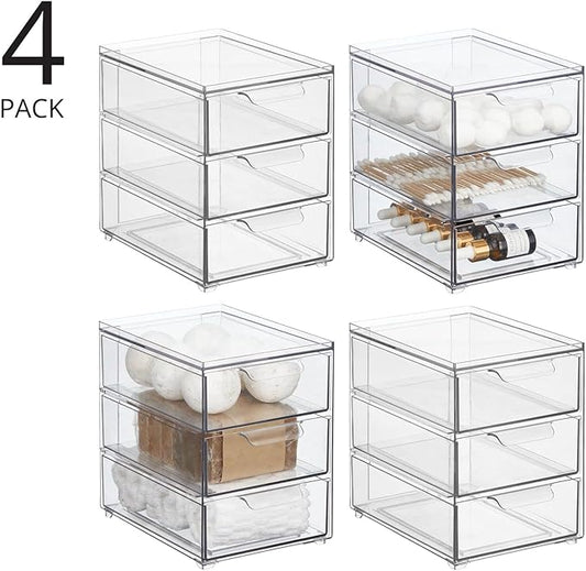 mDesign Plastic Stackable Organizer with 3 Drawers - Pull-Out Drawer Storage Bin for Bathroom Sink/Cabinet Organization - Perfect for Makeup, Small Towels, and More - Lumiere Collection, 4 Pack, Clear