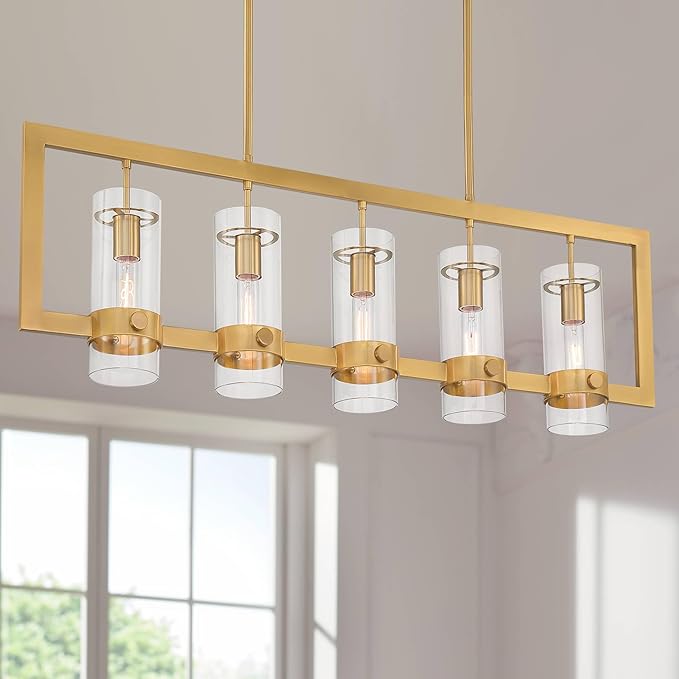 Possini Euro Design Camden Brass Island Linear Pendant Chandelier 42" Wide Modern Open Rectangle Frame Clear Glass Tube Shades 5-Light Fixture for Dining Room House Foyer Kitchen Entryway Bedroom