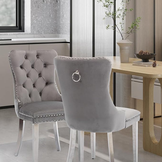 Velvet Upholstered Dining Chairs Set of 2, Modern Style Kitchen Side Chairs with Nailhead Trim and Silver Plated Leg, Metal Pulling Ring for Dining Room Living Room(Gery-Silver Plated Leg)