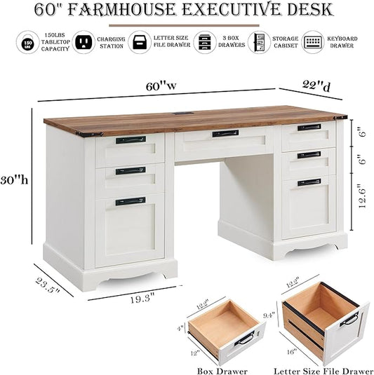 RedLemon 60" Farmhouse Executive Desk, Home Office Desk with Drawers, Charging Station, Keyboard Tray, File Drawer, Storage Cabinet, Wood Rustic Computer Writing Desk (Antique White)