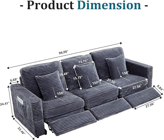 Power Reclining Sectional Sofa, Electric 3 Seat Recliner with 3 Electric Footrest and Adjustable Headrest, Modern Plush Corduroy Fluffy Reclining Sectional with Deep Seat for Living Room-Blue Grey