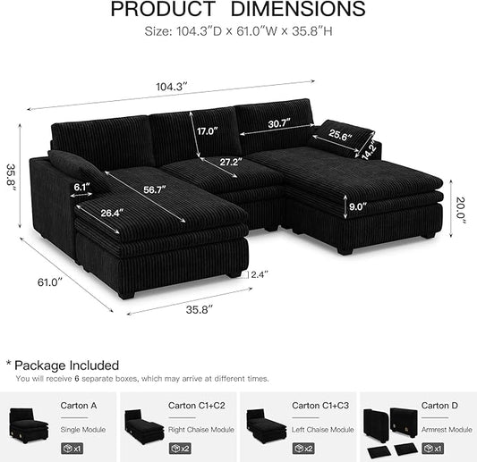 Belffin Large Modular Sectional Sofa with Double Deep Chaise, 104" Corduroy U Shaped Couch with 9" Soft Dual-Layer Seats Cushion Sectional Couches for Living Room, Apartment, Black