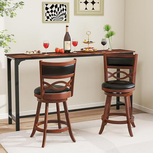 COSTWAY Bar Stools Set of 2, 24.5” Counter Height Stools with Rubber Wood Frame, Faux Leather Upholstered Seat and Backrest, Swivel Barstools for Kitchen Island, Pub, Brown (2, Seat Height: 24.5”)