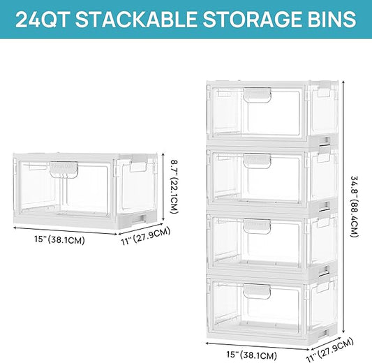 Vtopmart 8 Pack Clear Stackable Storage Bins with Lids 24QT, Foldable Storage Boxes with Doors Open Front, Plastic Closet Organizer for Craft, Toys, Pantry Organization