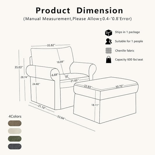 35.82" Accent Chair with Ottoman Upholstered Living Room Chairs for Reading Chair with Chaise Lounge Chairs Indoor, Comfortable Armchair for Bedroom (Brown, 35.82")