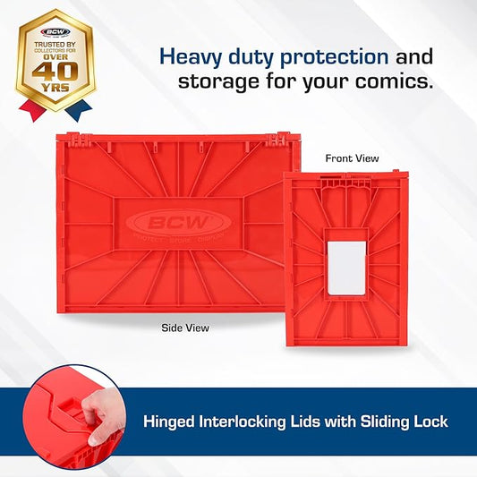 BCW Short Comic Book Bin | Holds 150 Comics | Stackable Plastic Storage | Acid-Free Organizer | Red, 2 Pack