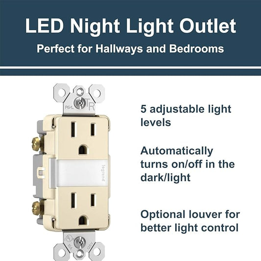 Legrand radiant NTL885TRLACC6 15 Amp Adjustable LED Night Light Outlet, Tamper Resistant Decorator Receptacle, Optional Louver, Light Almond (1 Count)