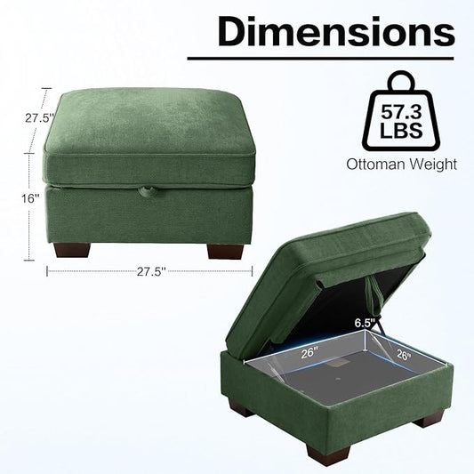 TEKAMON 27.5" Storage Ottoman, Square Footrest with Sponge Padded Seat, Chenille Fabric Step Stool for Sofa, Bedroom, Living Room, Entryway, Modern Change Shoes Stool, Wood Legs, (Green)