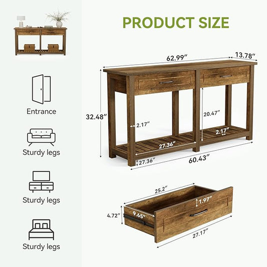 LITTLE TREE Modern Console Tables with 2 Drawers, Rustic 63 Inch Entryway Furniture, Behind Couch Table with Storage Shelf, for Living Room, Hallway, Entrance, Foyer, Rustic Brown