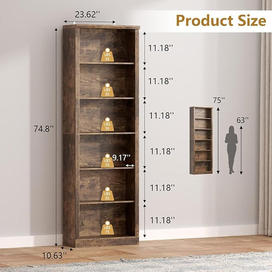 75" Tall Bookshelf & Bookcase Set of 2, 6-Tier Adjustable Storage Shelves, Book Shelf with Anti-Tipping Device, Floor Standing Modern Display Rack for Living Room, Bedroom, Office, Brown
