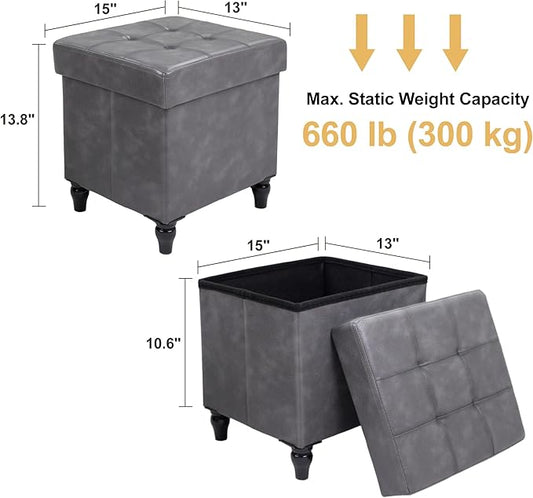 GLAXYFUR Storage Ottoman Bench, 15 Inches Foldable Ottoman Foot Stool with Legs, PU Leather Footrest for Living Room, Bedroom, Dorm (Grey)