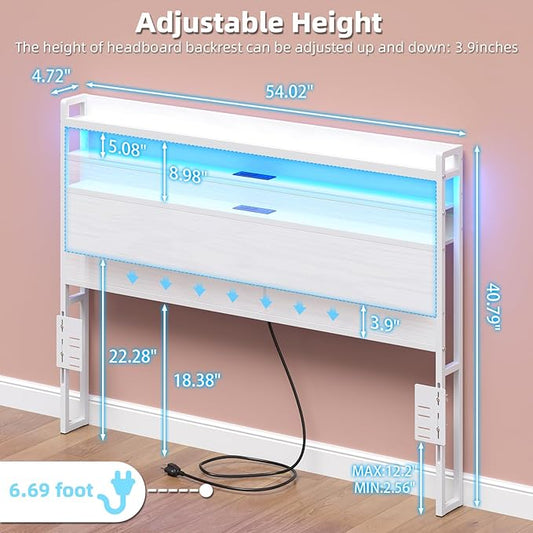 Elephance Headboard for Full Size Bed Frame with 2 Tier Storage, with Outlets, USB and Type C Ports and LED Light, Height Adjustable, Platform Bed Headboard Only, Easy Assembly, White