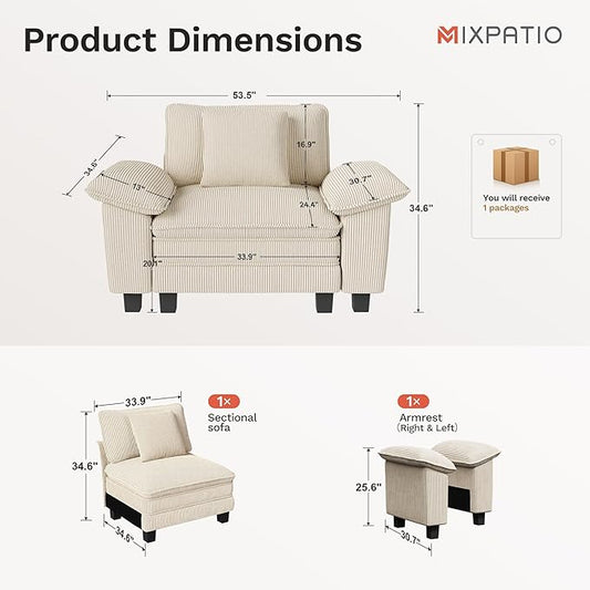 53.5" Cloud Modular Sectional Single Sofa, Deep Seat Armchair with Plush Corduroy & Removable Arms for Living Room, Beige