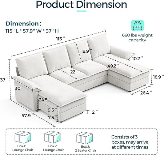 LINSY HOME U Shaped Cloud Couch Sectional Sofa, 115" Modular Couches with Double Chaise Lounge, Chenille 4 Seater Sofa Set for Living Room, Apartment, Office, Beige